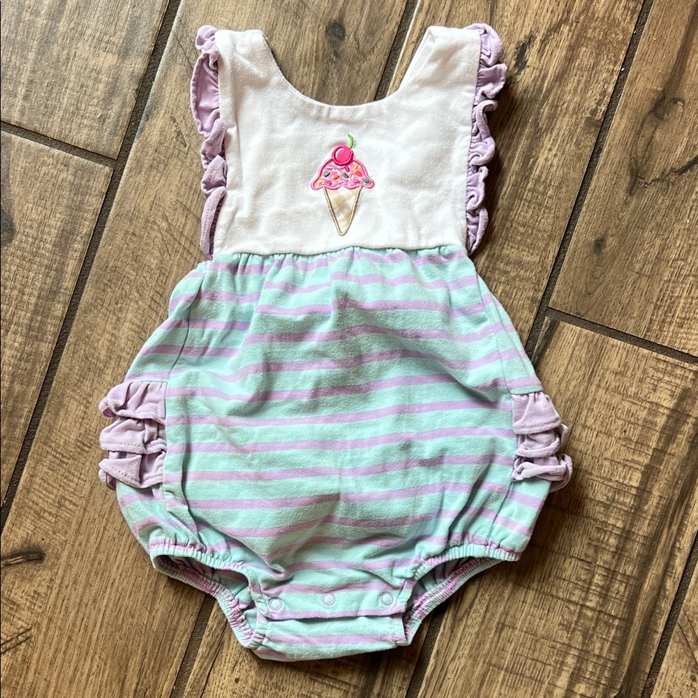 Striped Ice Cream Embroidered Kids One Piece with adjustable straps.